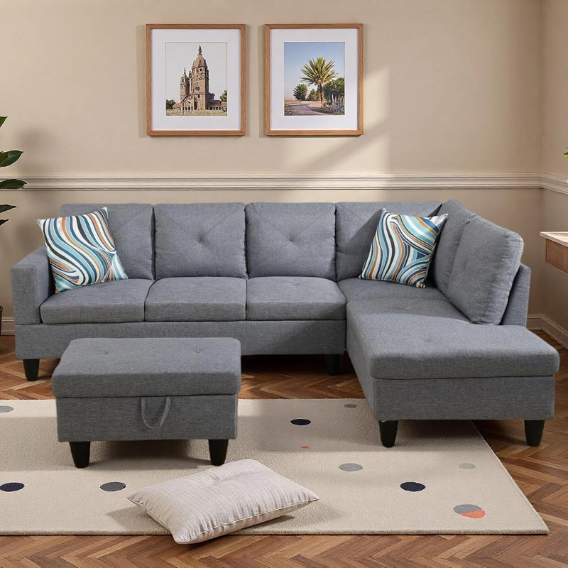 3-Piece Linen Sectional Sofa, Gray, Right Hand Facing