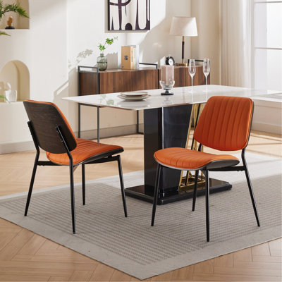Dining Chairs Set Of 2 Mid Century Modern Retro Faux Leather Chair With Walnut Bentwood Back Upholstered Seat Metal Legs Adjustable Foot For Kitchen Dining Room Chairs