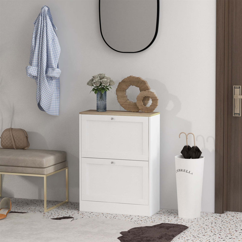 Meuble à chaussures mince pour le vestibule, rangement caché moderne avec 2 tiroirs rabattables et tablettes réglables pour 12 paires de chaussures