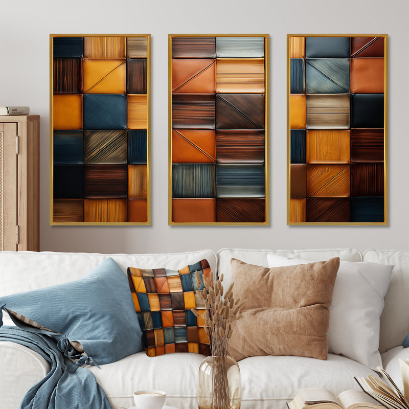 Carreaux bruns géométriques abstraits géométriques II - Boho mosaïque, art mural, Cadre flottant doré