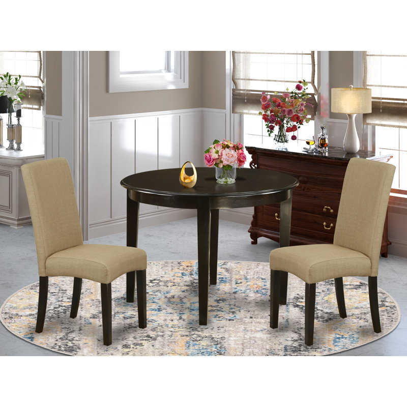 Ensemble de table de salle à manger 3 pièces pour petits espaces comprenant une table de cuisine ronde et 2 chaises de salle à manger Parson en tissu brun, cappuccino de 42 po x 42 po