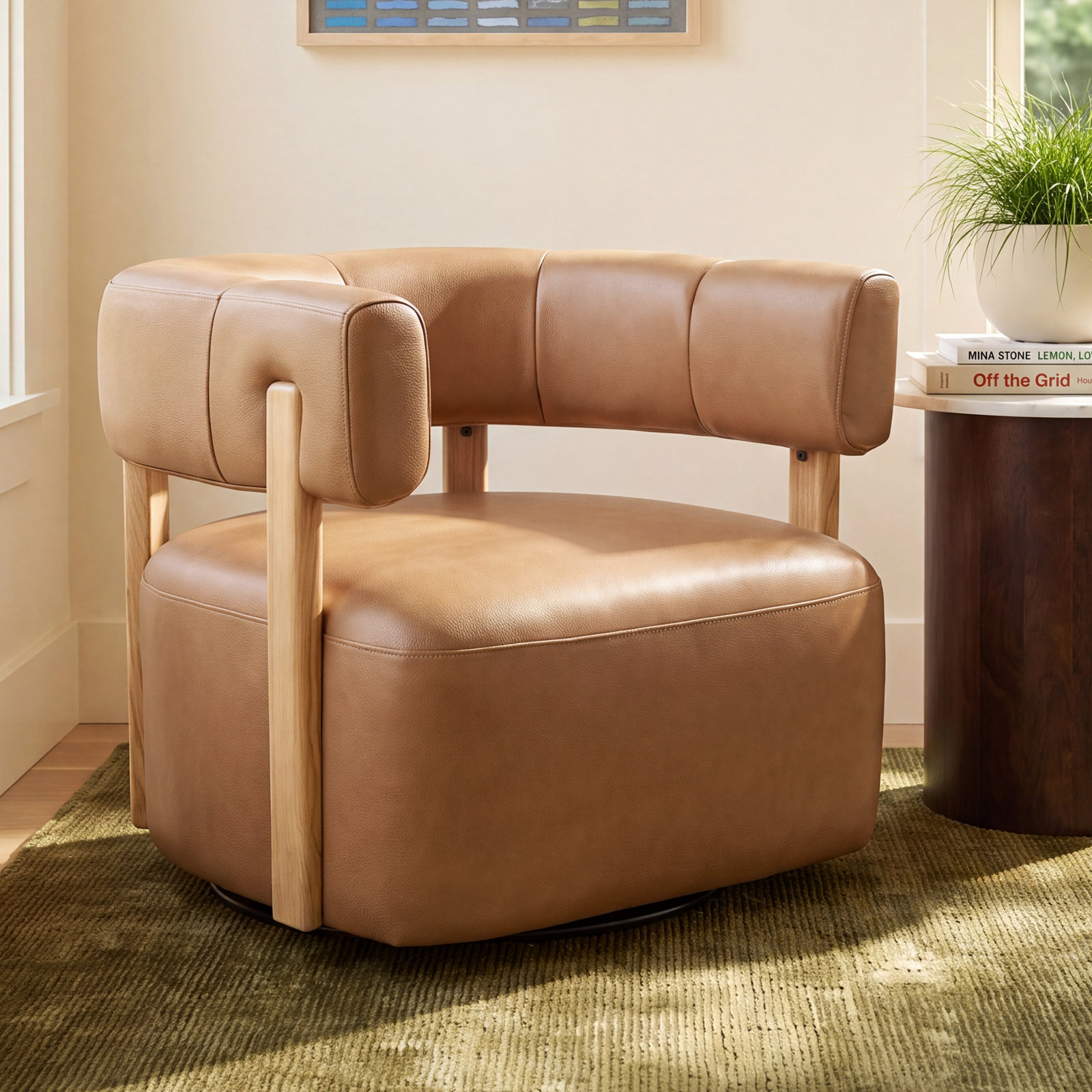 Lawler Genuine Leather Swivel Accent Chair