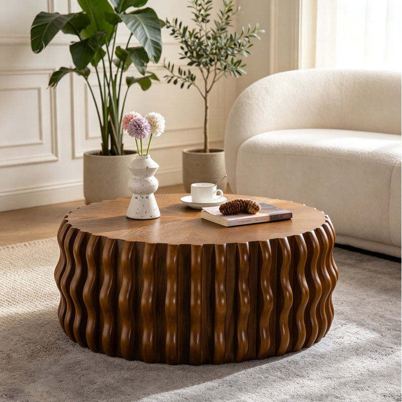 Table basse ronde 31,50 "à nervures ondulées, pour salon / appartement (entièrement assemblée), 12.99" H x 31.5" W x 31.5" D