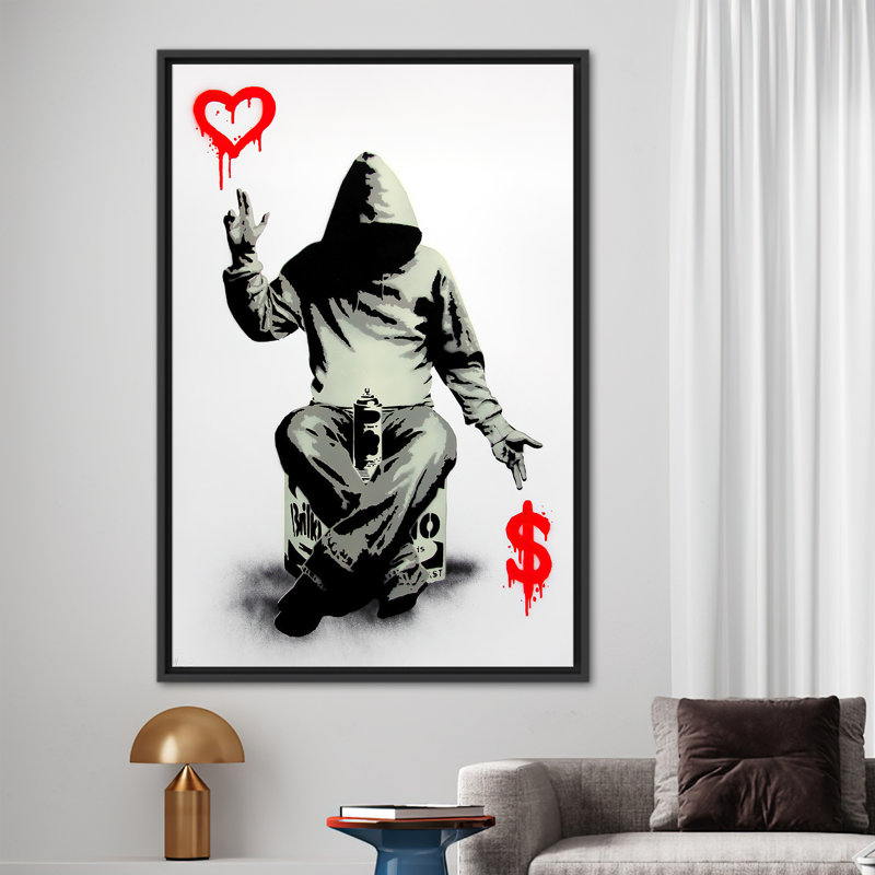 Impression sur toile Banksy Heart, H 39 po x l 93 po, Cadre flottant noir