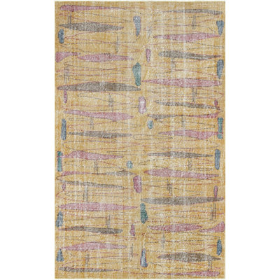 Tapis unique en laine noué à la main de style années 1960 de 4 pi 11 po x 8 pi 1 po jaune / rose / brun