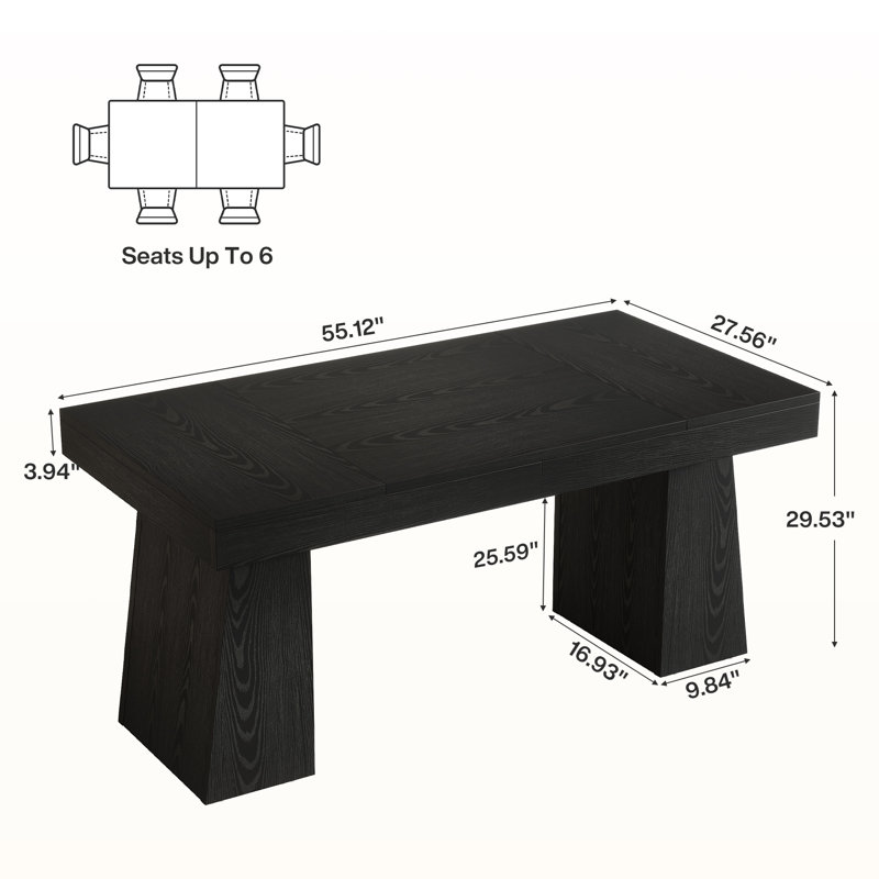 Table de salle à manger 55 po pour 4-6, table de cuisine rectangulaire en bois pour la salle à manger, petits espaces, Noir