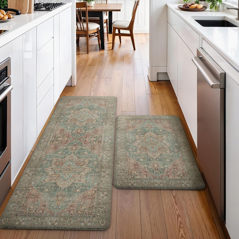 Anti-Fatigue Anti-Slip Waterproof Kitchen Mat, Runner 20" x 32"+20" x 48", Red/Brown/Green
