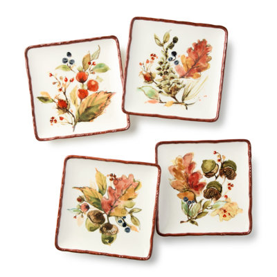 Autumn Meadows Set of 4 Canapé Plates — Four petite 6-inch stoneware gems in assorted autumn designs, made for bites, nibbles, and the small pleasures of harvest entertaining.