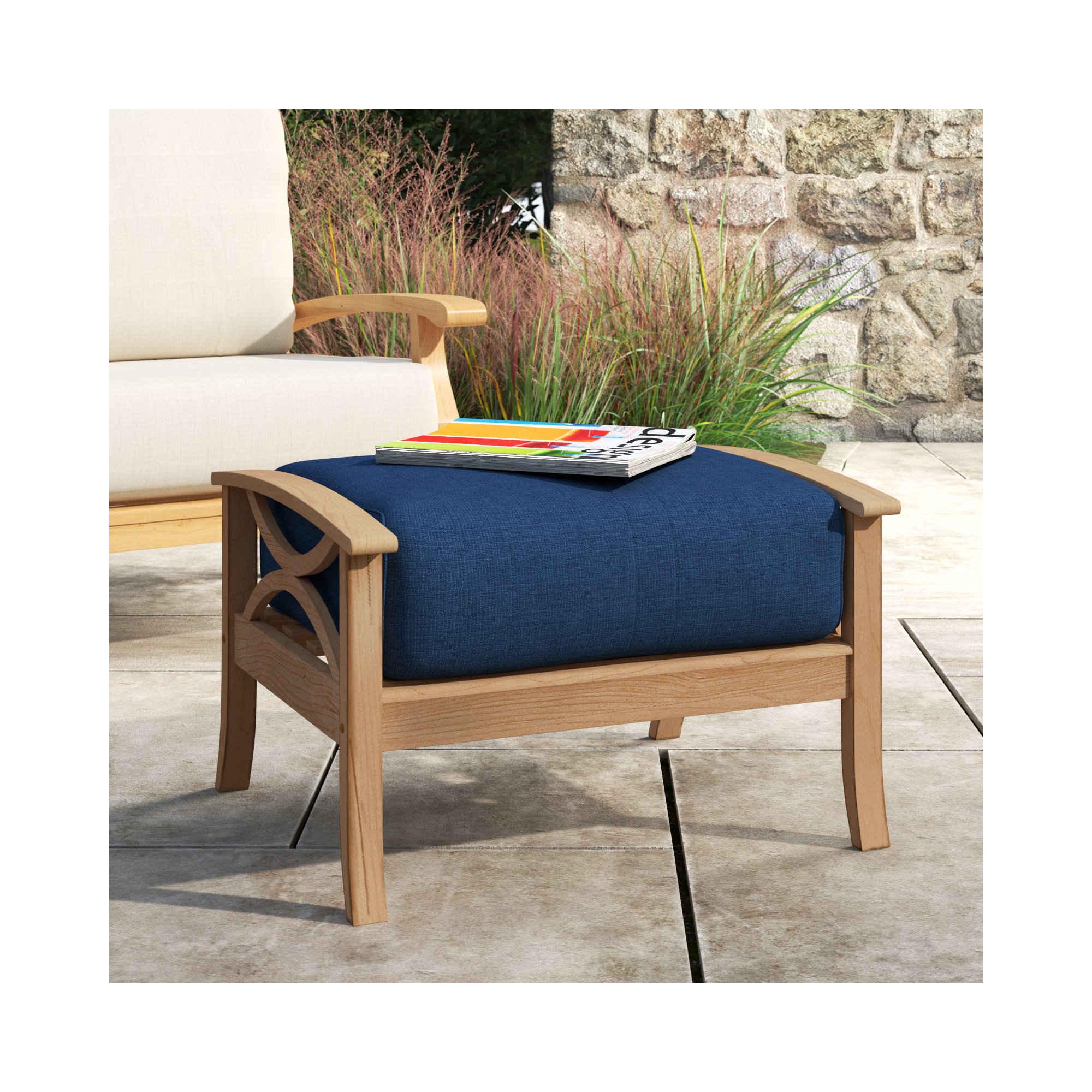 Brunswick Outdoor Teak Ottoman with Cushion, Natural, Navy Performance Olefin