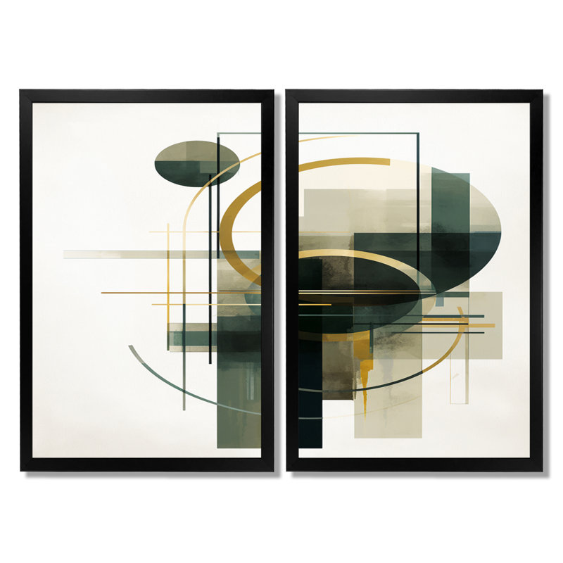 «Emerald Gold Retro Geometrics - Minimalisme, art sur toile, art abstrait vert 2 panneaux, H 36 po x l 48 po, Noir