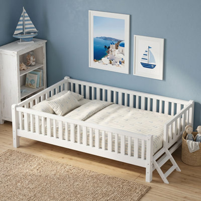Twin Wooden Platform Bed with Full Surround Guardrails