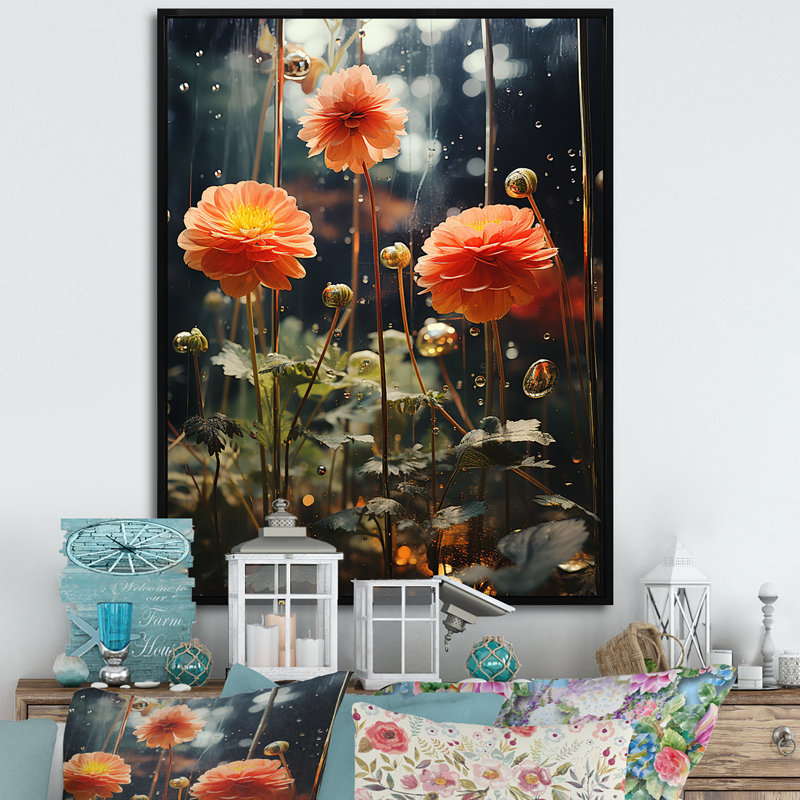 "Fleurs de zinnias orange et vertes", H 40 po x l 30 po x P 1,5 po, Cadre flottant noir