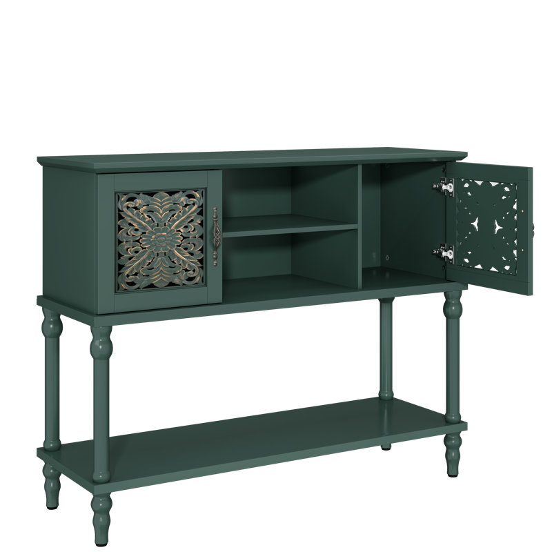 Console de 42 po en bois sculpté avec armoires et tablettes, pieds en bois massif pour entrée, vert, Vert