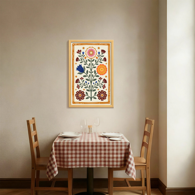 Motif floral de plantes et de fleurs aux couleurs vives et aux bordures géométriques