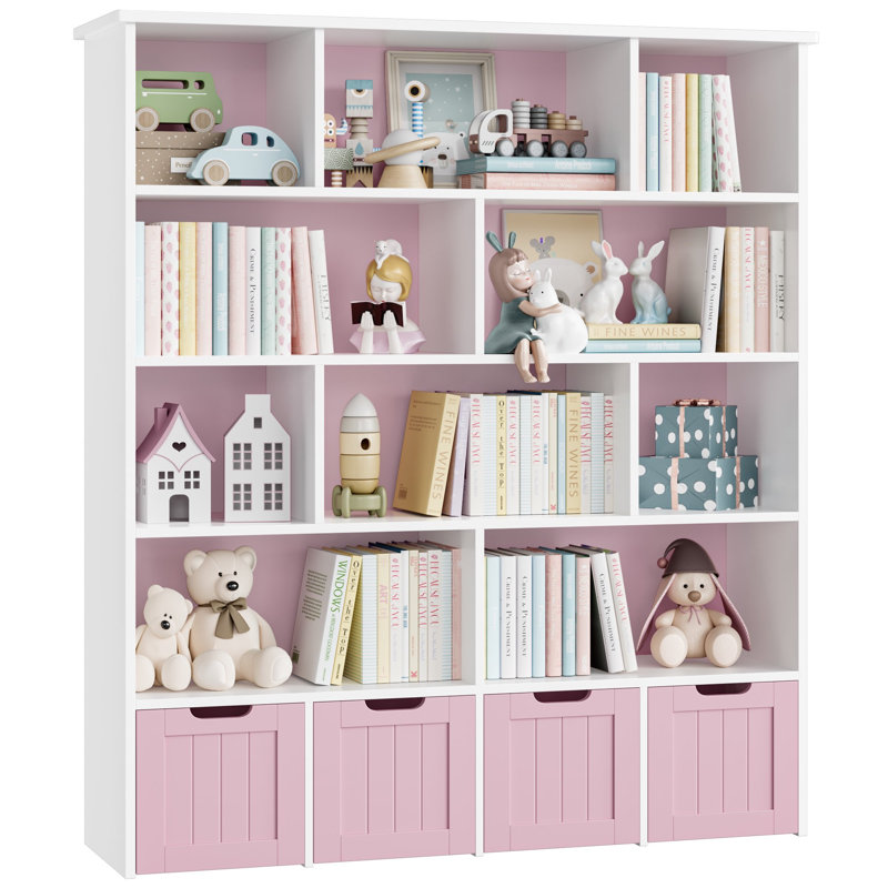 49.4" 5-Tier Cube Storage Bookcase With 4 Drawers,Standard Bookcase With Open Bookshelves, Pink