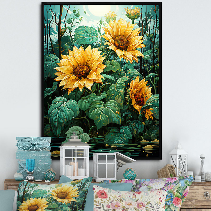 Méticuleusement tournesols I sur toile, Cadre flottant noir, H 40 po x l 30 po x P 1,5 po