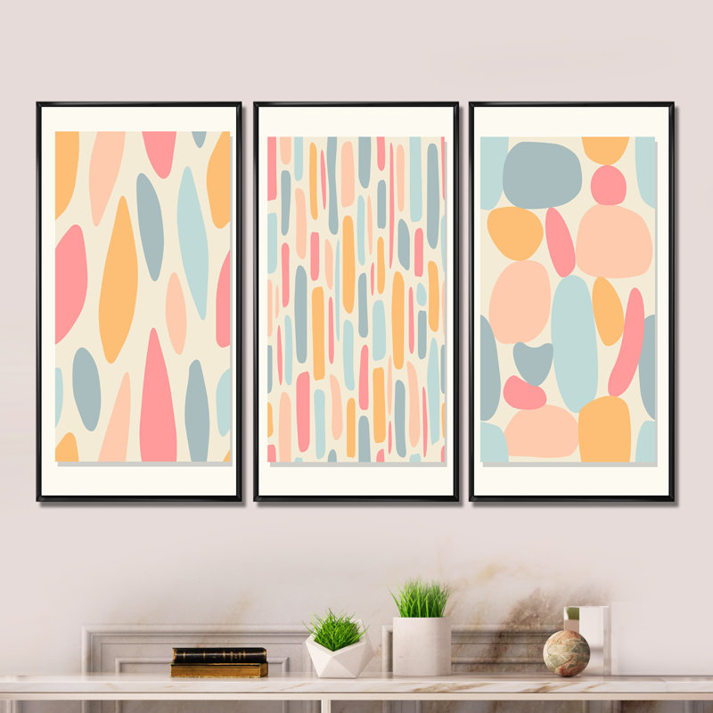 "Patchwork of Pastel Shaped Shapes" - 3 pièces, cadre flottant, impression sur toile, Cadre noir, H 28 po x l 36 po