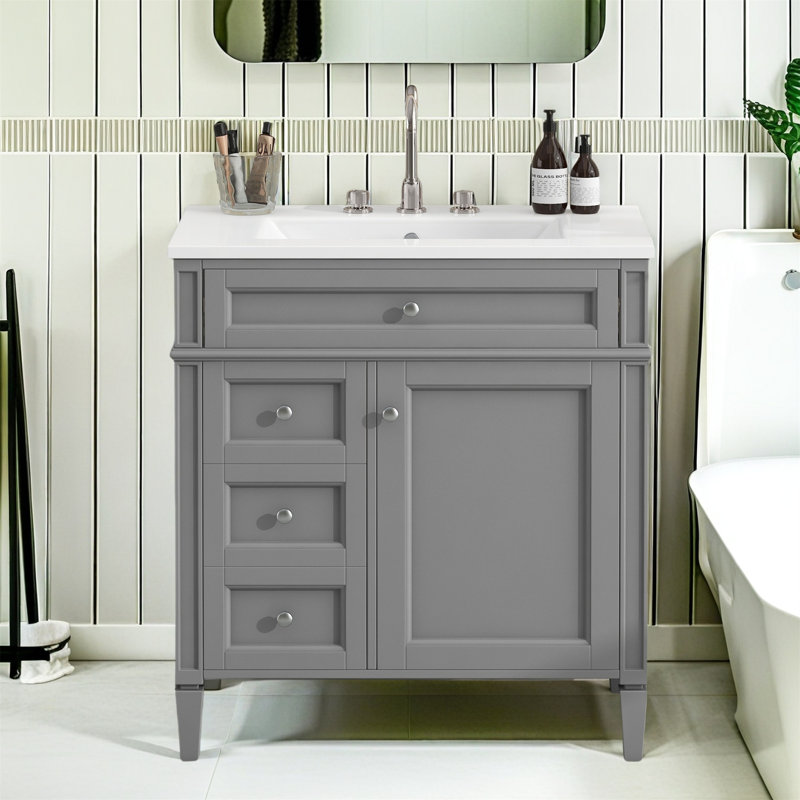 Meuble-lavabo moderne avec lavabo supérieur, 2 tiroirs et un tiroir basculant, noir, Gris
