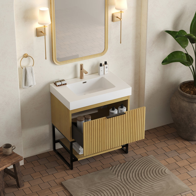 Meuble-lavabo et lavabo Yolan 30 po, armoire de rangement autoportante en contreplaqué rayé avec tiroir et tablette ouverte, lavabo intégré encastré en résine rectangulaire blanche pré-assemblé, couleur grain de bois chêne Corolla