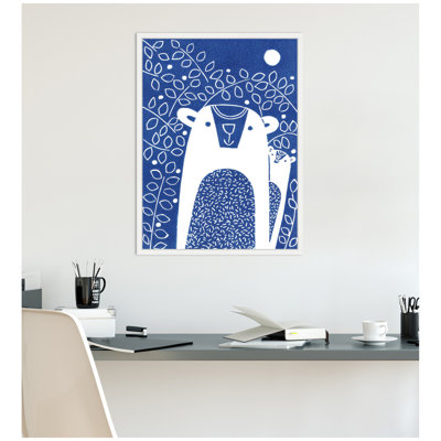 Blue Night Bears Linocut by Giuliana Lazzerini Framed Canvas Wall Art Print