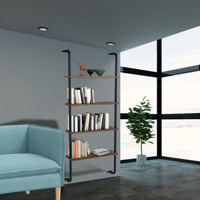 4-Shelf Wall Mounted Wooden Bookshelf With Metal Frame Living Room Display Unit