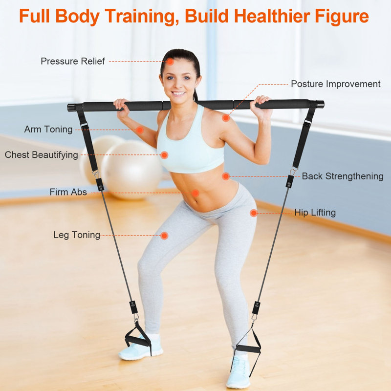 Ensemble de barre Pilates avec bandes de résistance empilables 100LBS, équipement d'entraînement complet du corps à 3 sections avec sangles d'ancrage de porte pour le yoga à la maison