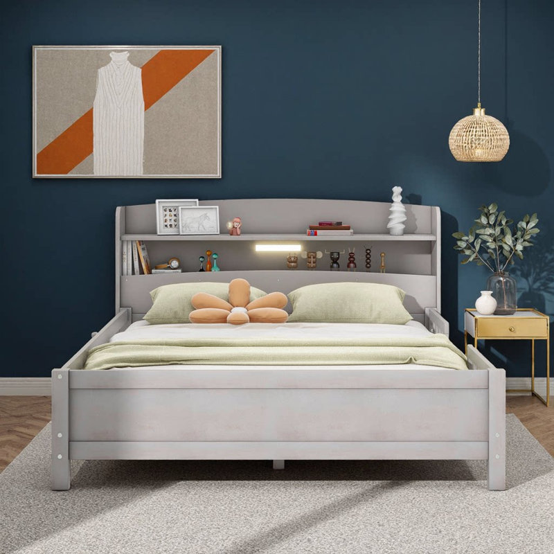 Lit plateforme en bois gris antique avec tête de lit à DEL, rangement et garde-corps, Gris ancien