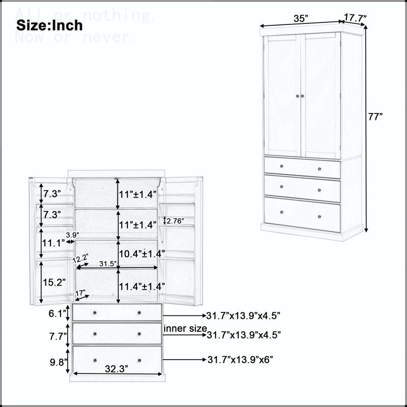 Garde-manger de ferme 77 po avec 3 tablettes réglables, 8 tablettes de porte et 3 tiroirs, Bleu