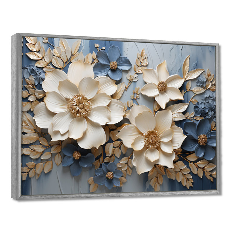 Beige And Blue Seasonal Flowers Composition - Seasonal Flowers Wall Art, Silver Floater Framed, 24" H x 32" W