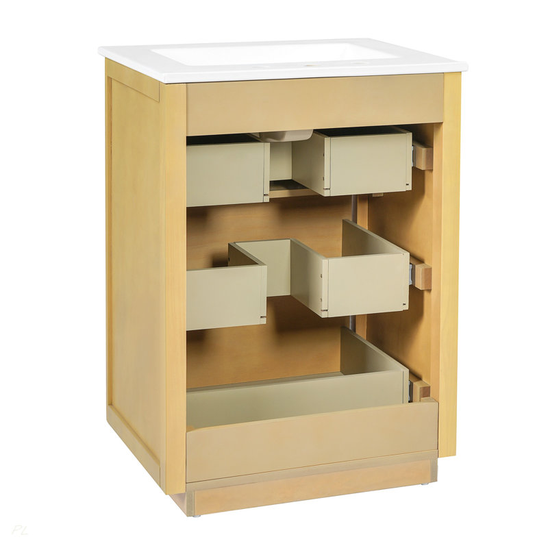 Meuble-lavabo de luxe moderne 24 po avec lavabo en céramique, armoire de salle de bain avec tablette ouverte et rangement fermé