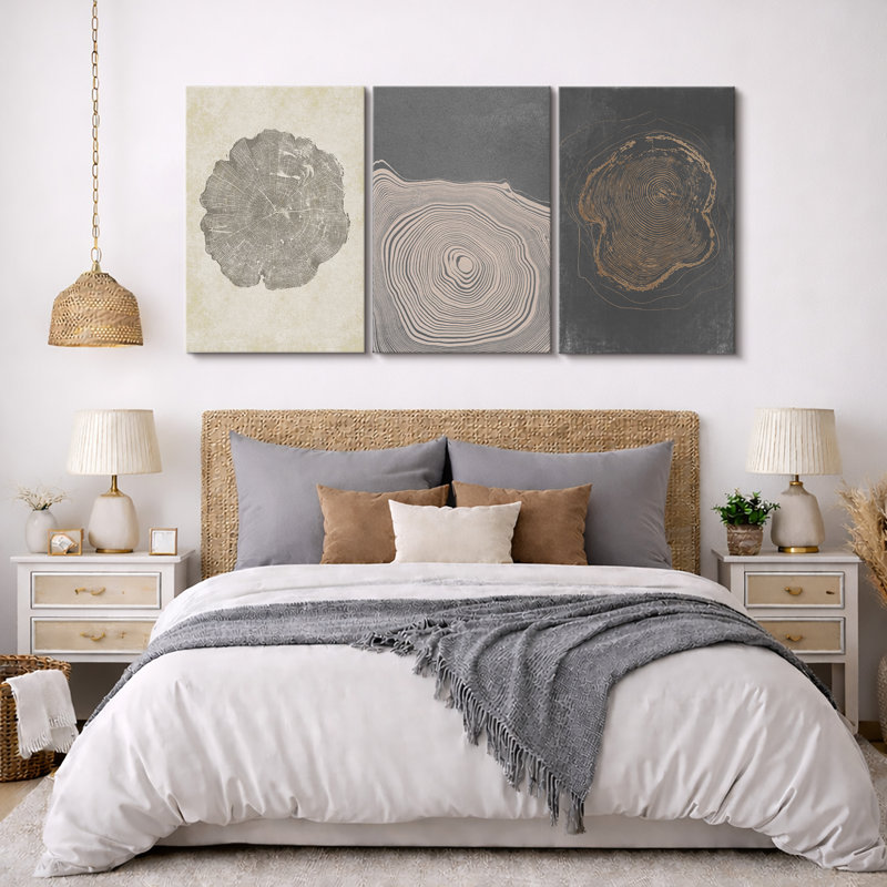 Pastel Gray Wood Tree Ring Neutral Minimalist Pictures Framed Canvas 3 Pieces Set Print Wall Art, 36" H x 24" W