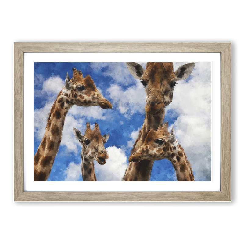 Four Giraffes - Picture Frame Painting, 27cm H x 36cm W x 2cm D, Oak Framed