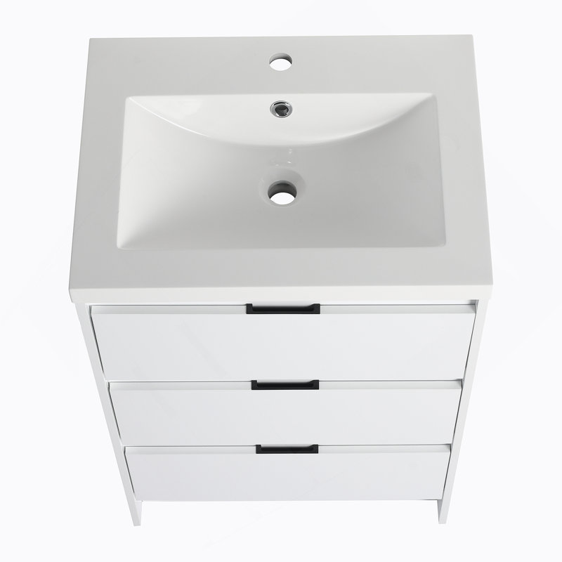 Meuble-lavabo autoportant 72 po avec lavabo en résine et armoire à 1 côté, tiroirs à fermeture en douceur, blanc brillant, contreplaqué