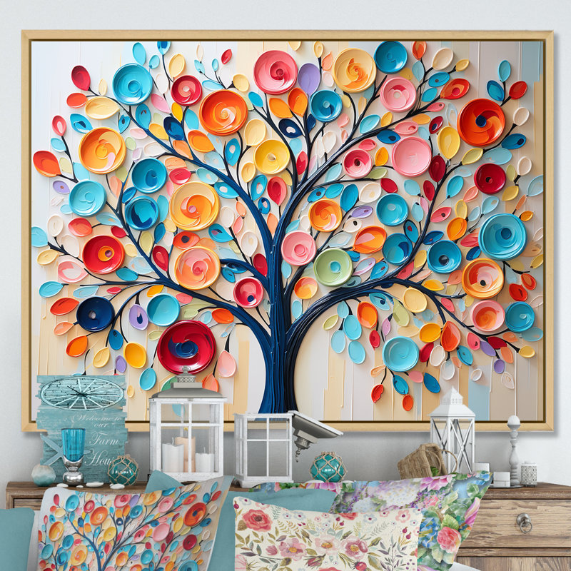 Arbre coloré abstrait 1 - Art mural africain, Cadre flottant brun, H 16 po x l 32 po x P 1 po
