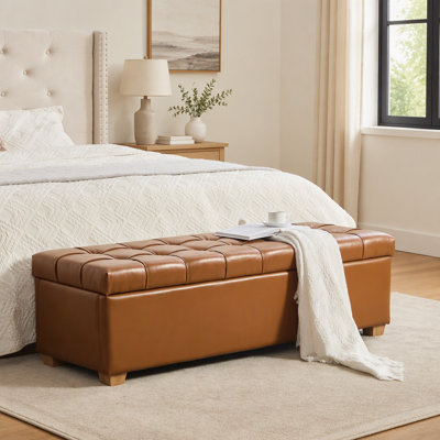 Banc de rangement rembourré en PU de 153 cm de large, pouf capitonné à couvercle rabattable pour une utilisation polyvalente à la maison et des sièges supplémentaires avec un grand espace de rangement