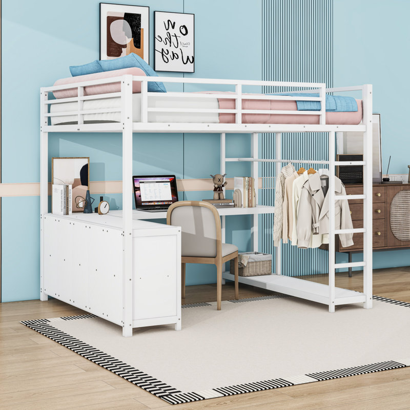 Lit mezzanine en métal avec garde-robe, bureau en L et tablettes de rangement, Grand lit, Blanc