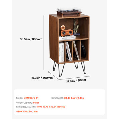 Meuble pour platine vinyle, support à 3 niveaux avec rangement pour disques, meuble de rangement pour disques vinyles avec pieds en métal pour chambre ou salon, brun