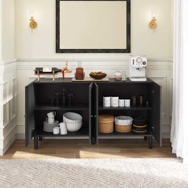 Buffet 58,1 po en bois à quatre portes avec tablettes réglables, Noir
