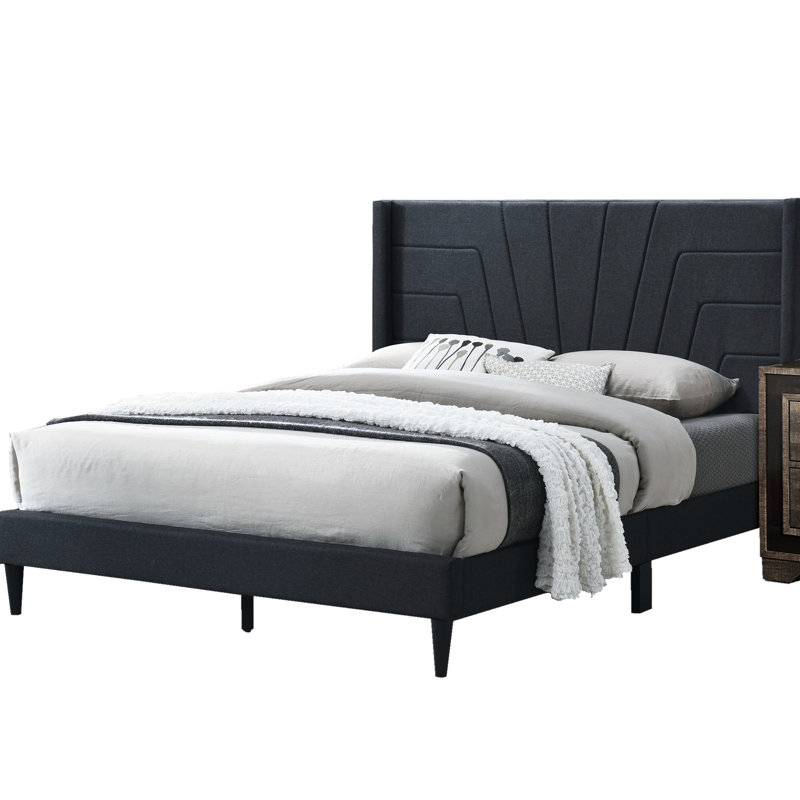 Lit plateforme tapissier contemporain de grande taille avec tête de lit en toile de jute, Gris anthracite