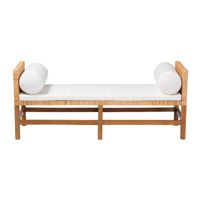 bali & pari Vivan Natural Rattan Bench - Handwoven Wicker Accent Seating with Cushion and Pillows, Backless