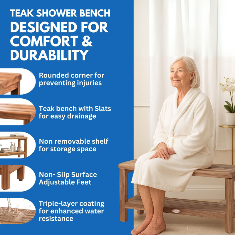 EcoDecors Eleganto Teak Shower/Garden Bench in Natural Earthy Teak, 35-inch Wide, Teak Shower Bench, Shelf, Teak Shower Stool, Teak Shower Seat, Shower Teak Bench, Natural Teak Color, 35 Inch, Teak Shower Bench for Inside Shower, 18 Inch Height