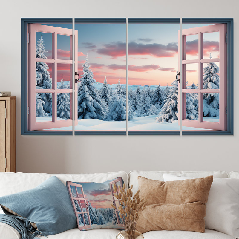 «Forest Winter Window View I - Winter Landscape», art mural 4 pièces pour le salon, H 28 po x l 48 po