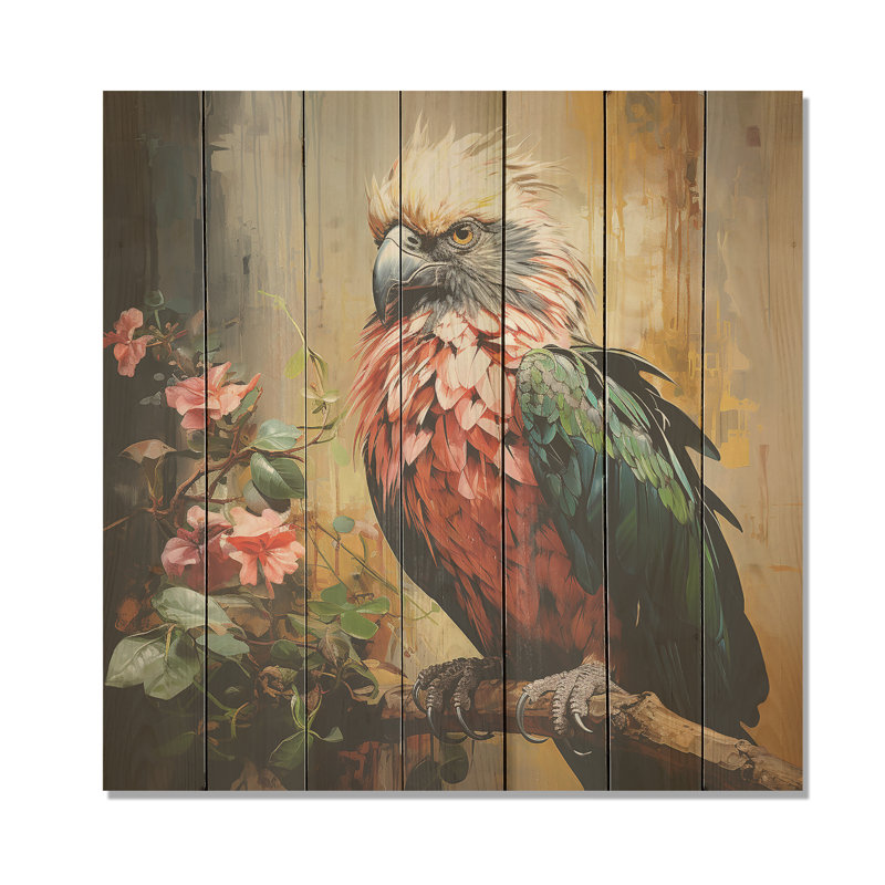 Faucon bleu et rose dans un arbre tropical III - animal faucon sur bois, H 30 po x l 30 po