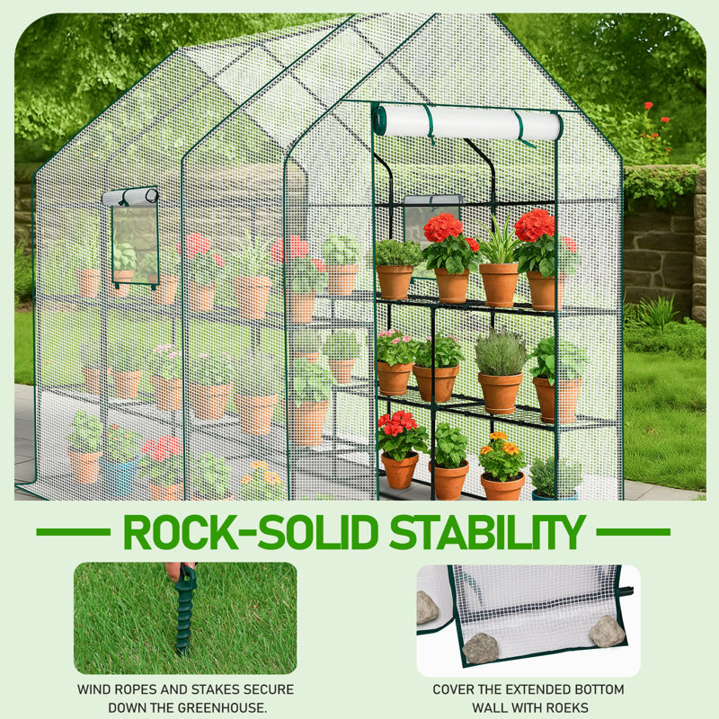3-Tier Metal-Framed PE-Covered Walk-In Greenhouse With 12 Shelves, White