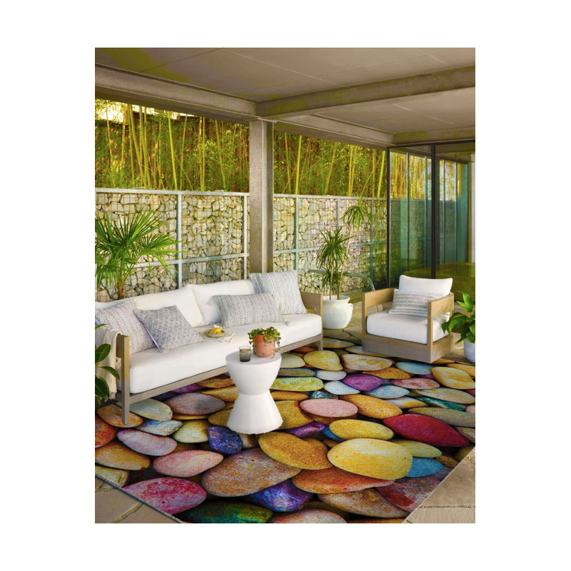 Tapis tissé multicolore à motif cailloux et tapis lavable, Carré 3 pi 3 po