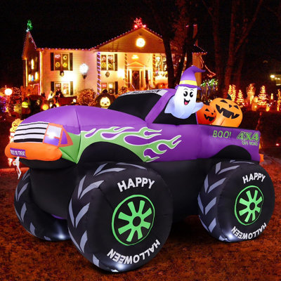 8 FT Long LED-Lit Halloween Inflatable Monster Truck with Ghost & Pumpkin