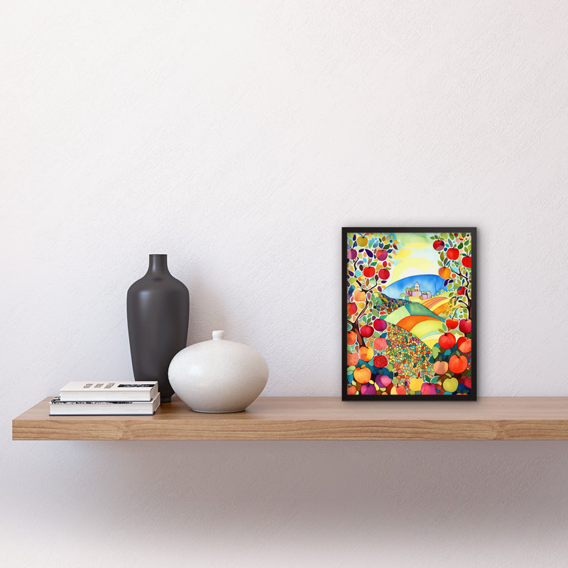 Apple Tree Orchard Fields In Summer Folk Art Landscape Watercolour Painting Artwork Framed Wall Art Print 9X7 Inch