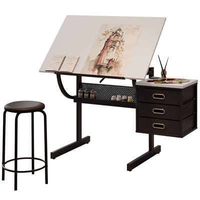 White Drafting Table For Crafting Drawing, Adjustable Tabletop 0 - 75 Degrees, 35.43''23.97'' Size, Stool And 3 Storage Drawers, E1 Particle Board Ste