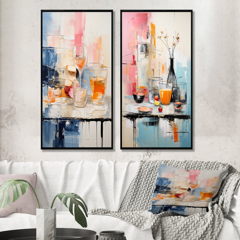 Abstraction alimentaire, ensemble de 2 reproductions d'art mural repas et pique-nique, H 40 po x l 41 po, Cadre noir