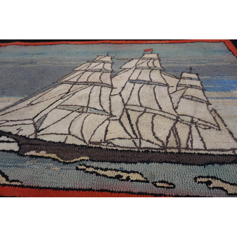 Artistic Antique Scenic Nautical Maritime Design Ship Pattern American Folk Art Hooked Rug